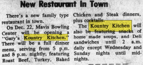 Kountry Kitchen (Baba-Ruski) - Dec 17 1981 Location At Mavis Lanes Now Holly Bowl (newer photo)